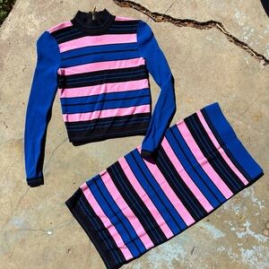 TOPSHOP two piece set pink blue black stripes turtleneck matching pencil skirt S